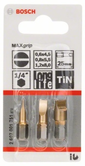 Набор из 3 насадок-бит Max Grip (S) S 0,6x4,5 S 0,8x5,5 S 1,2x8,0 25 mm 2607001751